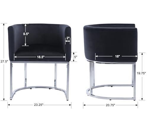 Image of HNY Mid Century Modern Upholstered Barrel Dining Chairs with Arms Set of 4, Velvet Kitchen & Dining Room Chairs, 18.5 inch Wide Accent Chairs for Dining Room Living Room with Chrome Metal Frame, Black