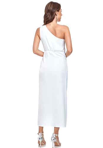 Image of Women's One Shoulder Satin Silk Backless Split Wrap Hem Twist Ruched Summer Party Cocktail Midi Dress