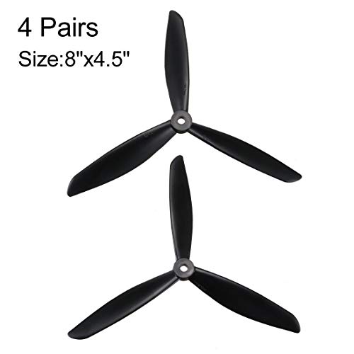 uxcell RC Propellers CW CCW 8045 6x4.5 Inch 3-Vane Multi-Rotor for Aircraft Toy, Nylon Black 4 Pairs with Adapter Rings