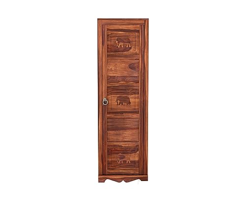 Image of Sheesham Wood Wooden Single Door Wardrobe Organizer for Clothes | - Solid Wood Almirah with 1 Drawers, 3 Shelves with Hanging Space - Cupboard for Large Bedroom (Design 25)
