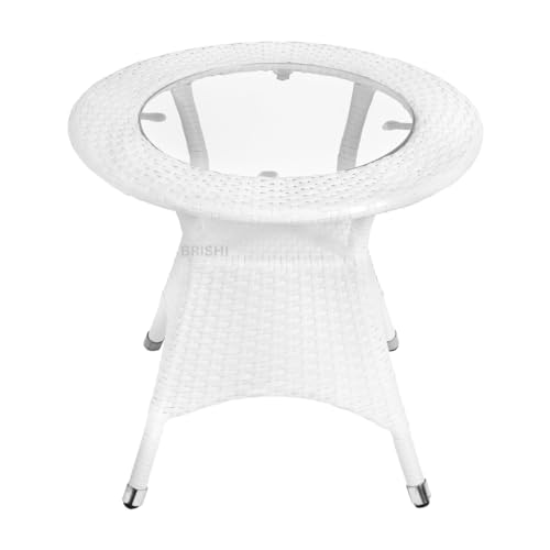 Image of BRISHI 3-Piece Outdoor Rattan Wicker Patio Coffee Table Set with Green Cushion | Garden Furniture for Balcony, Terrace, Poolside & Porch | Waterproof Bistro Sets for Home & Backyard (White)