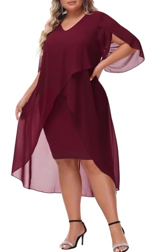 Image of Hanna Nikole Womens Plus Size Chiffon Cocktail Dress Ruffle 3 /4 Sleeve Wedding Guest Party Dresses with High Low Hem