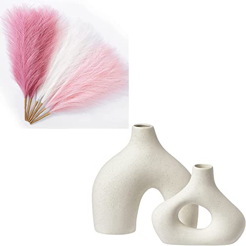 Image of Serwalin Pampas Grass Pink 17.7 Inch 6pcs and White Ceramic Vase Set 2 for Modern