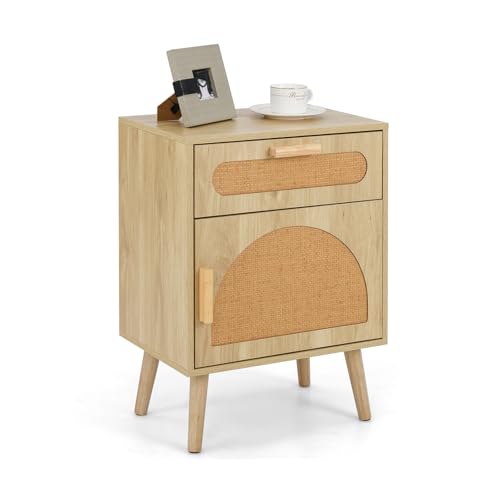 RELAX4LIFE Mesita de noche con cajón de ratán y armario, mesa auxiliar con 4 patas de madera maciza, mesa de sofá estilo bohemio para dormitorio, mesita de noche de madera, 45 x 30 x 61 cm, color