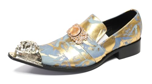 Santimon Mens Loafers Party Dress Casual Metal-Tip Dragon Toe Slip On Leather Rhinestone Beaded Penny Loafers Western Disco Prom Gold Gitter Summer Shoes for Boys