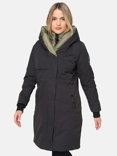 Navahoo Damen Mantel lange warme Winter Steppjacke mit Kapuze und magnetischen Elementen Snowelf Black Gr. M