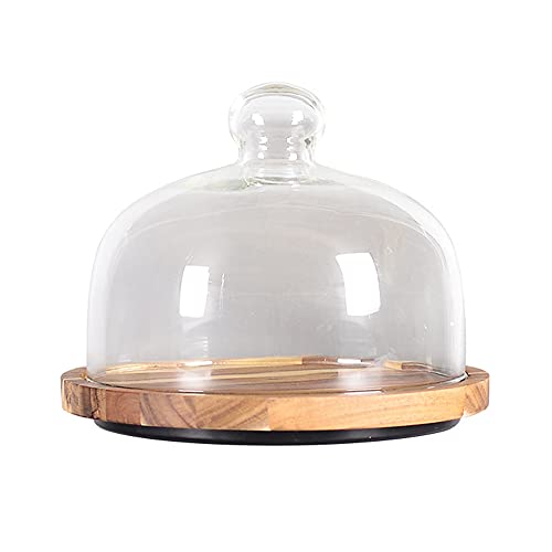 PFLife Tortenständer, 360°Drehbarer Tortenplatte, Holz Kuchenplatte mit Glashaube, Ø 28cm, für Käseplatte, Serviertablett und Dekorieren (Holz-Dunkel-B, M-D×H:24.5*18CM) Cover