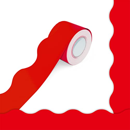 Image of 60 Feet Bulletin Board Borders, Pure Red Scalloped Rolled Border Trim Board Border with Wavy Line Design Decoration for School, Classroom & Offices