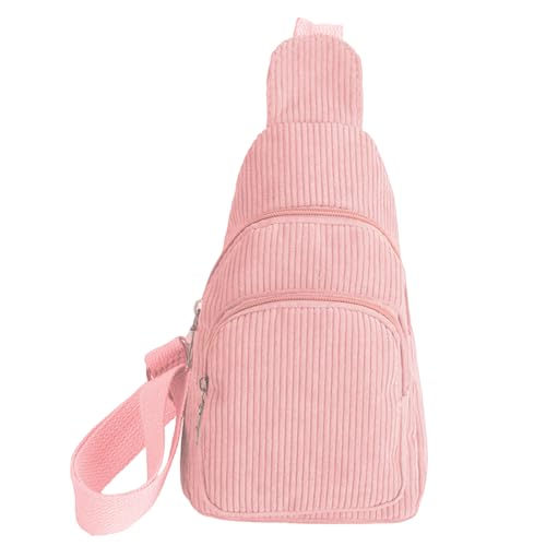 GUSXPPD Crossbody Damen, Klein Brusttasche, Cord Sling Bag, Vielseitige Brusttasche mit Verstellbarem Schultergurt für Outdoor Sport Reise Laufen Schule Einkaufen Spazierengehen (Rosa)