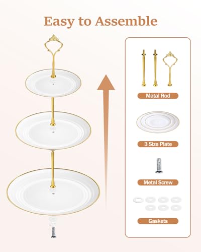 Lzerking 13pcs Dessert Table Display Set, 6 3-Tiered Cupcake Stands (3round & 3square) with 4 Trays & 3 Tongs, White Gold Plastic for Wedding, Tea Party, Baby Shower Decor, Birthday Party Decoration - Image 7