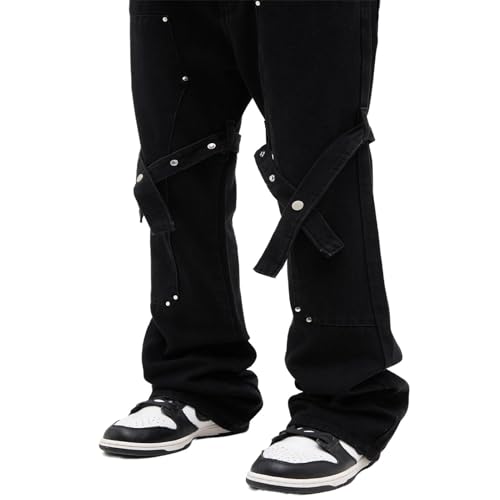 GUOYUXIAO Men's Jeans High-Street Tie-Waist Flared Straight-Leg Denim Pants Casual Workwear Trouser for Men2