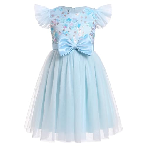 Kids Baby Girls Birthday Party Dress Flutter Sleeve Round Neck 3D Flower Bow Ruffle Tulle Tutu Dress Party Dress