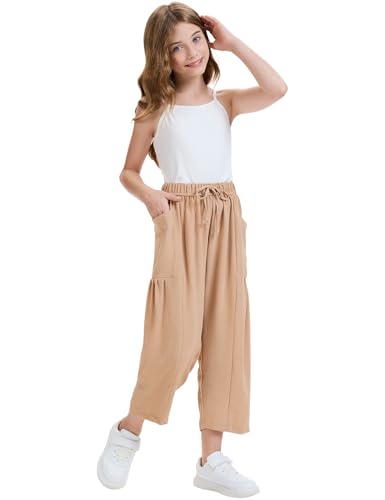 Image of COZYPOIN Girl's Wide Leg Pants Elastic Waist Loose Fit Flowy Casual Beach Palazzo Harem Trousers with Pockets 5-14 Y