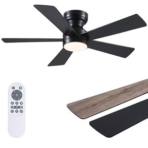 Black Ceiling Fans with Lights – 46″ Flush Mount Ceiling Fan with Remote and 5 Reversible Blades, 3CCT Dimmable, 6 Wind Speeds&2H Timer, Indoor Low Profile Fan Light Fixture for Modern Bedroom