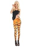 Women's Striped Tiger Print Costume Leggings, Orange & Black - Size Large