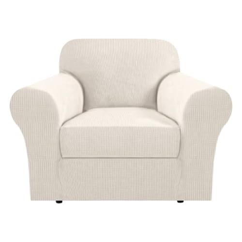 H.VERSAILTEX Stretch Armchair Slipcover 2 Piece T Cushion Chair Covers for Living Room Furniture Cover Suit for Box Cushion, Spandex Jacquard Fabric Small Checks(Armchair-Oversized, Ivory)