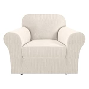 H.VERSAILTEX Stretch Slip Covers for Armchairs Chair Slipcovers for Living Room Armchair Furniture Cover Suit for T Cushion/Box Cushion, Spandex Jacquard Fabric Small Checks(Armchair-Standard, Ivory)