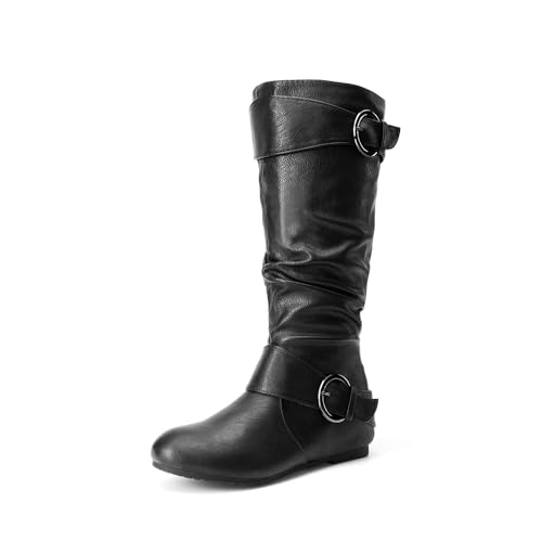 DREAM PAIRS Women's Wide Calf Knee High Boots, Fur-lined Low Hidden Wedge Boots 7 Ura-black-wide-calf