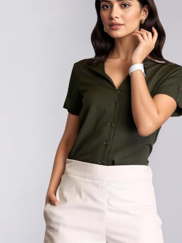 Image of FableStreet Women Formal Top | Asymmetrical Button Placket Band Collar Three-Quarter Sleeves | Pure Cotton Smooth Fabric for Office & Workwear