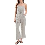 Amazhiyu Womens Pure Linen Casual Summer Sleeveless Front Tie Jumpsuits with Pockets Flax, Large