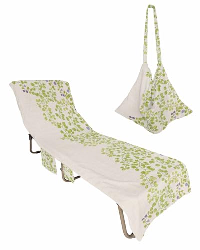 Botanical Leaves Beach Chair Towel Covers for Chaise Lounge With Side Pocket, Soft Plush Pool Towels Cover for Patio Sunbathing Outdoor 29''x85'' Rustic Plant Spring Summer Green