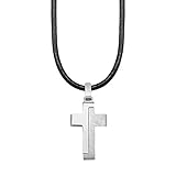 s.Oliver Kette mit Anhänger Edelstahl Leder Jungen Kinder Halsschmuck, 40+3 cm, Schwarz, Kreuz, Kommt in Schmuck Geschenk Box, 2024225