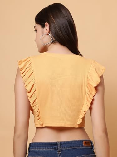 Image of Women's Round Neck Sleeveless Side Frill Design Pure Cotton Crop Top - Comfortable & Stylish Summer Top for Casual Wear