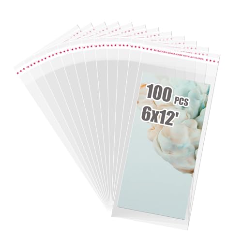 Egofine Self Sealing Cellophane Bags 100 PCS Clear Resealable Sleeves Bags for 6x12 Photo Mats (Bag Size: 6.02x12.0 inches)