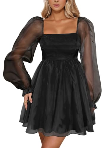 WISFRUIT Womens Square Neck Dress Long Puff Sleeve A-Line Casual Short Mini Dresses Sheer Mesh Birthday Dress Black Medium