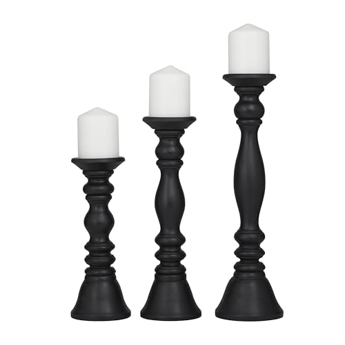 Deco 79 Wood Decorative Candle Holder Turned Style Pillar Candle Stand, Set of 3 Candlestick Holder 18, 15, 12'H, Black