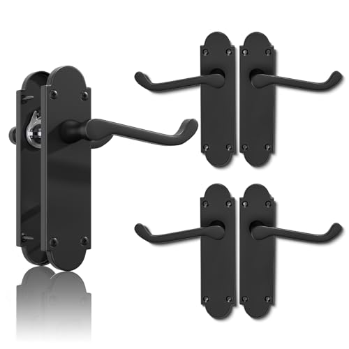 Bwintech 3 Sets Matt Black Richmond Lever on Plate, Latch Furniture, Backplate Door Handles,Suitable for Wooden Doors