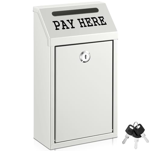 Yaocom Safe Metal Cash Box for Farm Stand Money Drop and Secure Donation Collection Wall Mount Lockable Unit with Pre Drilled Holes for Outdoor Self Serve(White 10.2 x 5.7 x 2.8 Inch)