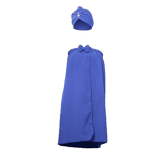 Albornoz para mujer, toalla de sauna, 2 unidades, toalla de rizo, con gorro de ducha, toalla de sauna, ajustable, elástica, gran secado rápido, para sauna, ducha, playa, piscina, azul, Talla única