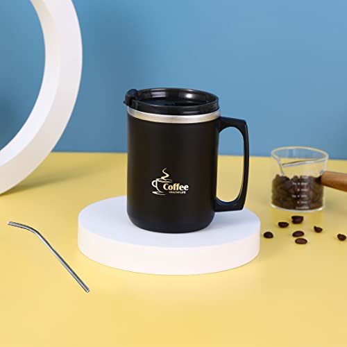 Lcxecnw 15 OZ Coffee Mug With Handle,Double Wall Vacuum Travel Mug,Coffee Mug With Flip lid and Straw,Reusable stainless steel mug,for Home,Office,Travel,Camping,Outdoor(Black) - Image 3