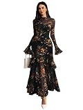 GothDark Womens Floral Maxi Dress Sheer Mesh Bell Sleeve Tiered Ruffle Gothic Romantic Casual Long Dresses Multicolor