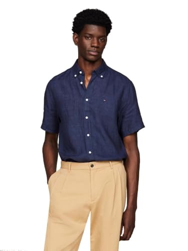 Tommy Hilfiger Men's Pigment Dyed Linen Regular Short Sleeve Shirts, Carbon Navy XX-Large