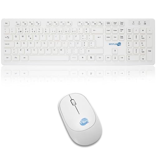 SIMPLETEK - Zestaw myszy i klawiatury bezprzewodowej 2,4 G Portugalski układ PT | Portugalska klawiatura QWERTY z klawiaturą numeryczną Ergonomiczna mysz 3 przyciski odbiornika USB
