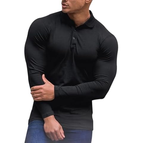 GYMAPE Men's Casual Tee with Polo Long Sleeve T-Shirts Stretchy Cotton Black S Cover