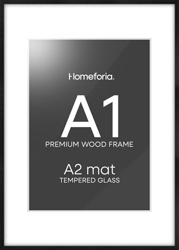Homeforia ブラックウッド A1フレーム、ハイエンドオーク 9.25 x 13.1 ブラック木製ポスターフレーム マット16.5 x 23.5インチの写真、A1サイズ大型木製写真フレーム マットA2、強化ガラス、壁キット、1個セット（Amazon）