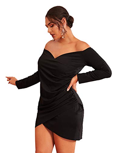 Romwe Women's Plus Size Sexy Off Shoulder Wrap Sweetheart Pleated Front Party Mini Bardot Dress Black 1X Plus #TOP3