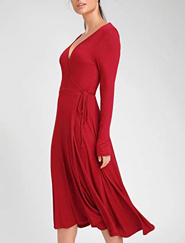 R.Vivimos Women Spring Autumn Long Sleeve Sweater Knitted Slim Elastic V Neck Sexy Midi Wrap Dresses (Small, Deep Red)