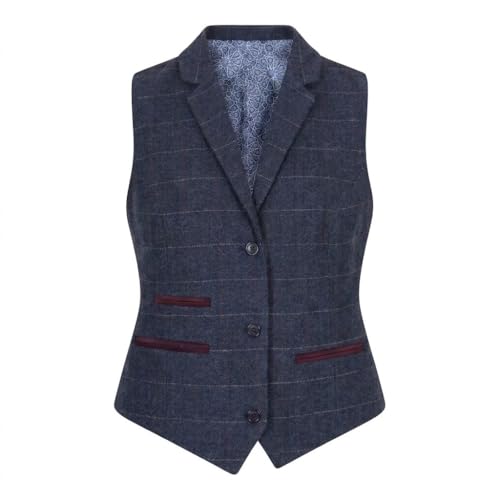 Image of TruClothing Women's Waistcoat Navy Blue Wool Blend Tweed Herringbone Checkered Tailored Fit Vest - Navy 18