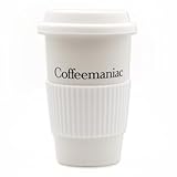 By plain Coffeemaniac - Reusable Coffee Ceramic Travel Mug - Insulated Thermal Tumbler with Spill-Resistant Lid - Double Wall Portable Coffee Mug - Travel Coffee Mug 12oz (White)