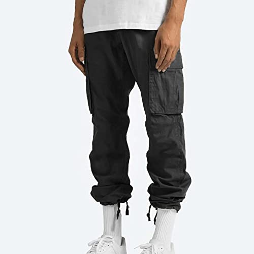 Cotton Cargo Trousers for Men,Solid Elastic Waist Straight Leg Slacks Slim Fit Bottoms Drawstring Pants for Men3