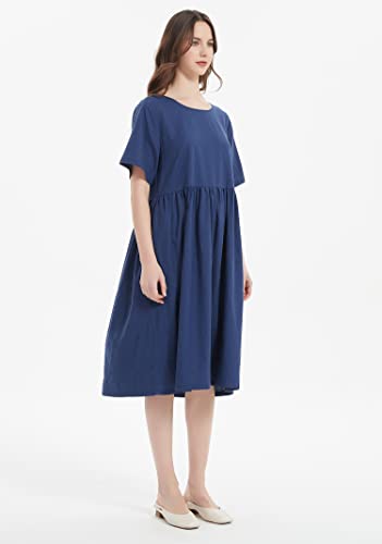 Mordenmiss Women's Cotton Linen Dress Summer Midi Dresses with Pockets (L Navy)