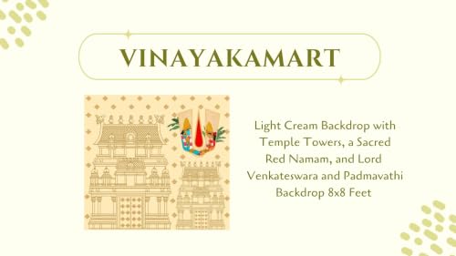 Image of varalakshmi Pooja Backdrop | Light Cream Backdrop with Temple Towers, a Sacred Red Namam, and Lord Venkateswara and Padmavathi Backdrop 8x8 Feet | Backdrop for Pooja