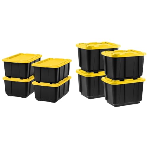 IRIS USA 12 Gallon (4 Pack) + 27 Gallon (4 Pack) Heavy Duty Storage Bins with Lids, Snap On Lid Stackable Industrial Totes, Rugged Tubs, Garage Organization, Reusable - Total 8 Units - Black/Yellow
