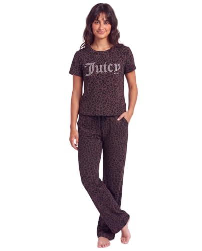 Image of Juicy Couture Women's 2 Piece Velvet Fleece Short Sleeve Shirt and Pants Lounge Sleepwear Set