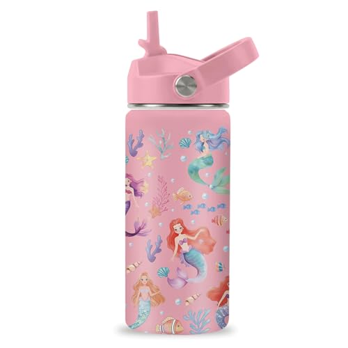 Mermaid Water Bottle 16oz Little Mermaid Girls Stainless Steel Insulated Water Bottle with Straw Lid Mermaids Cup Tumbler Gifts for Kids Girls