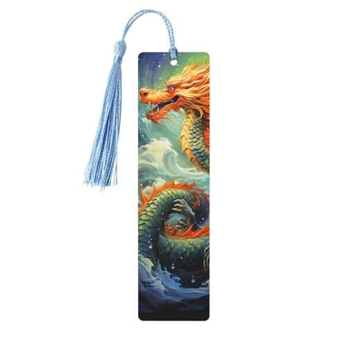 中国のドラゴン 油絵 木製 しおり 男性 女性 読書用 木製 しおり ユニークなハンドメイド ブックマーク タッセル付きペンダント クラフトブックマーク ブック愛好家 誕生日 先生へのギフトに